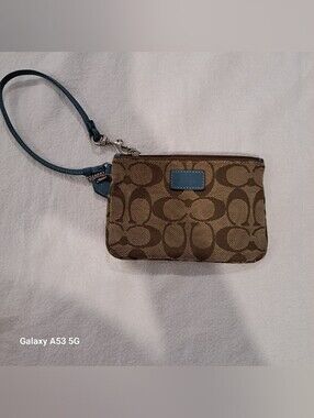 Coach Signature Canvas Wristlet in Brown with Teal Trim